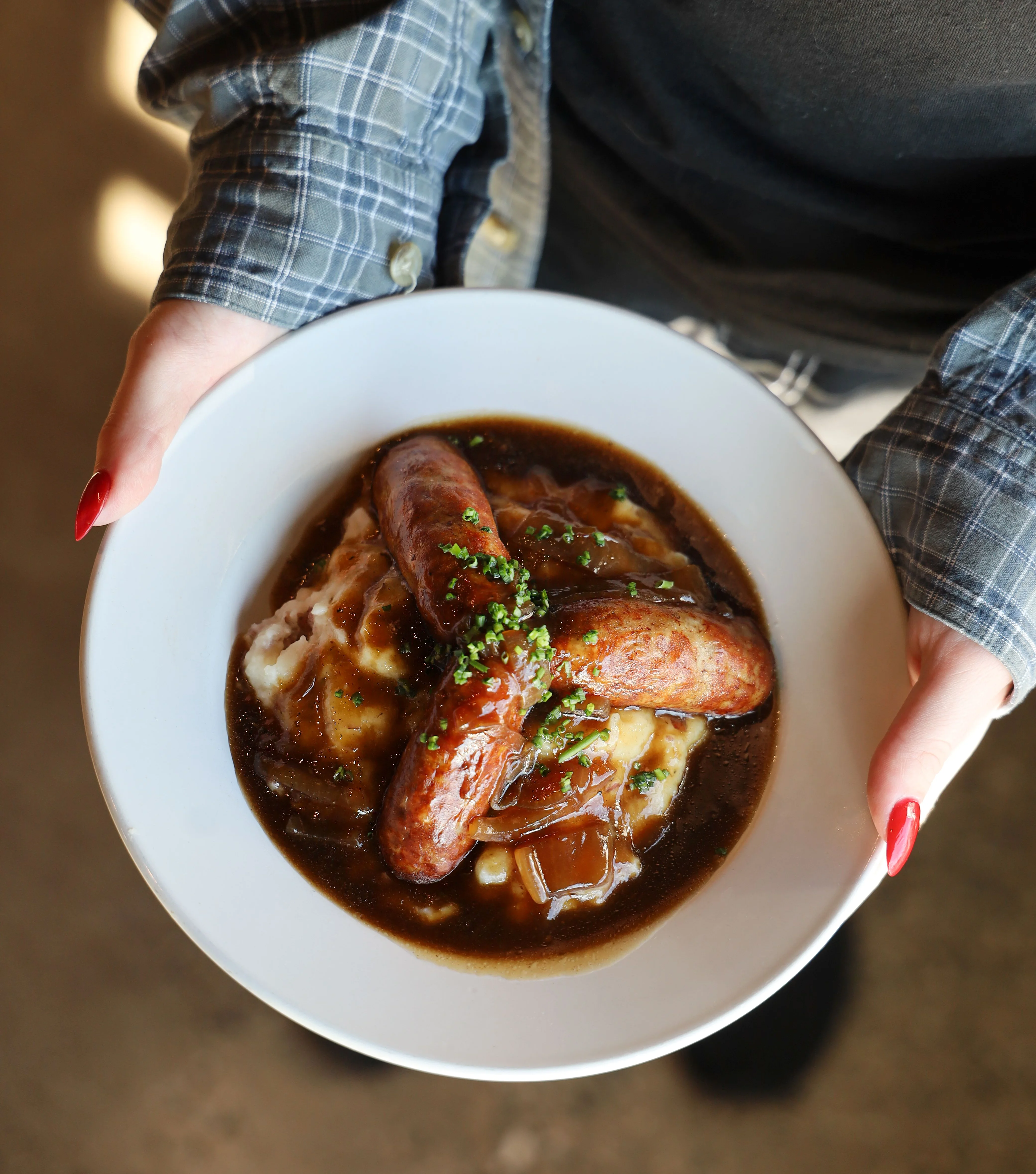 Classic British bangers and mash with rich gravy
