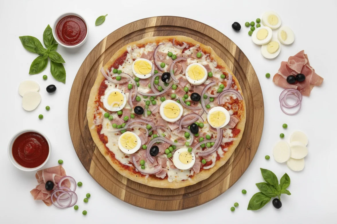 Italian pizza topped with eggs and ham