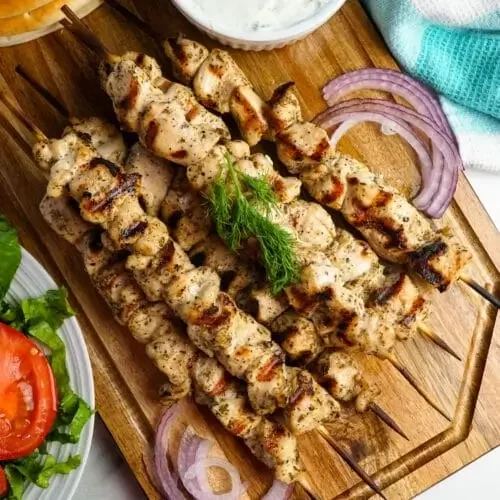 Grilled chicken skewers with herbs, a Mediterranean delight
