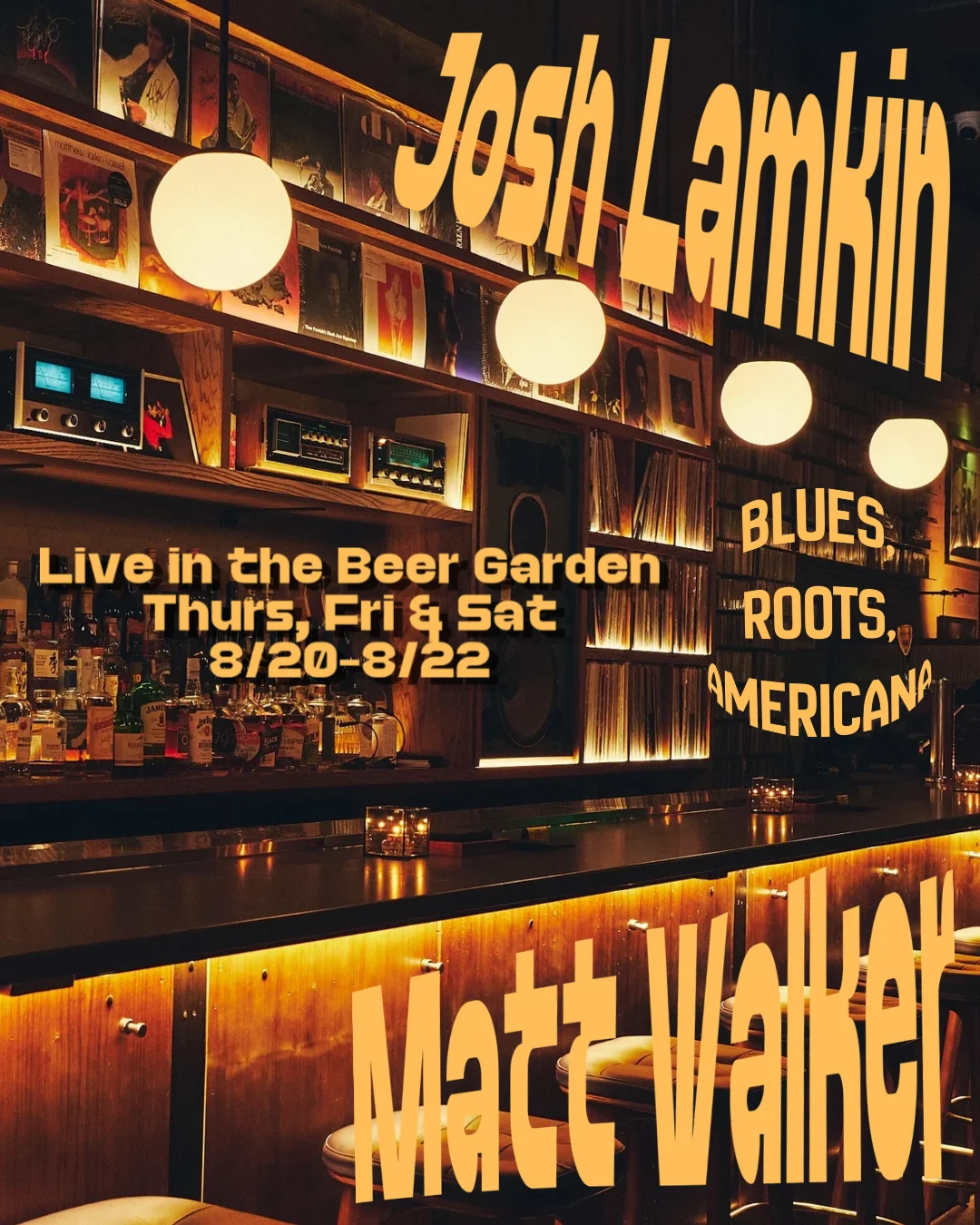 Cozy bar interior with warm lighting and vinyl records on display