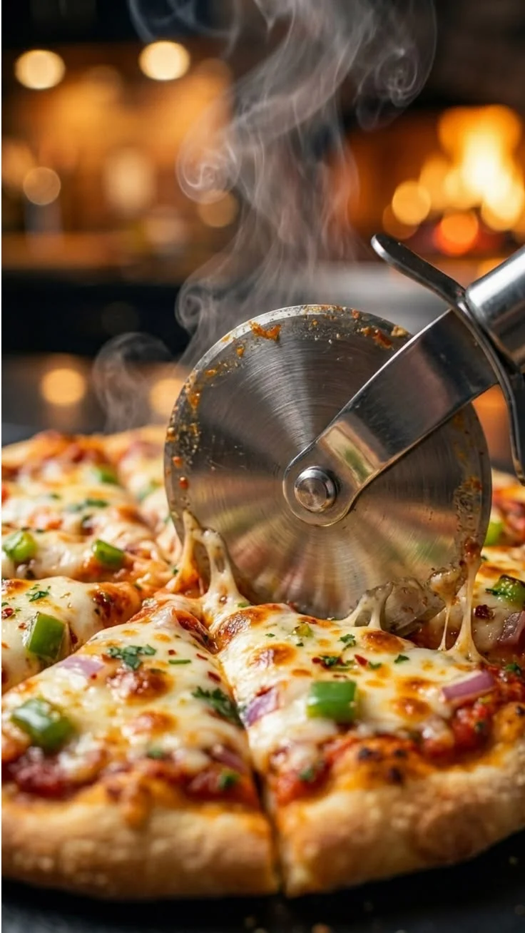 Freshly sliced Margherita pizza with steam rising