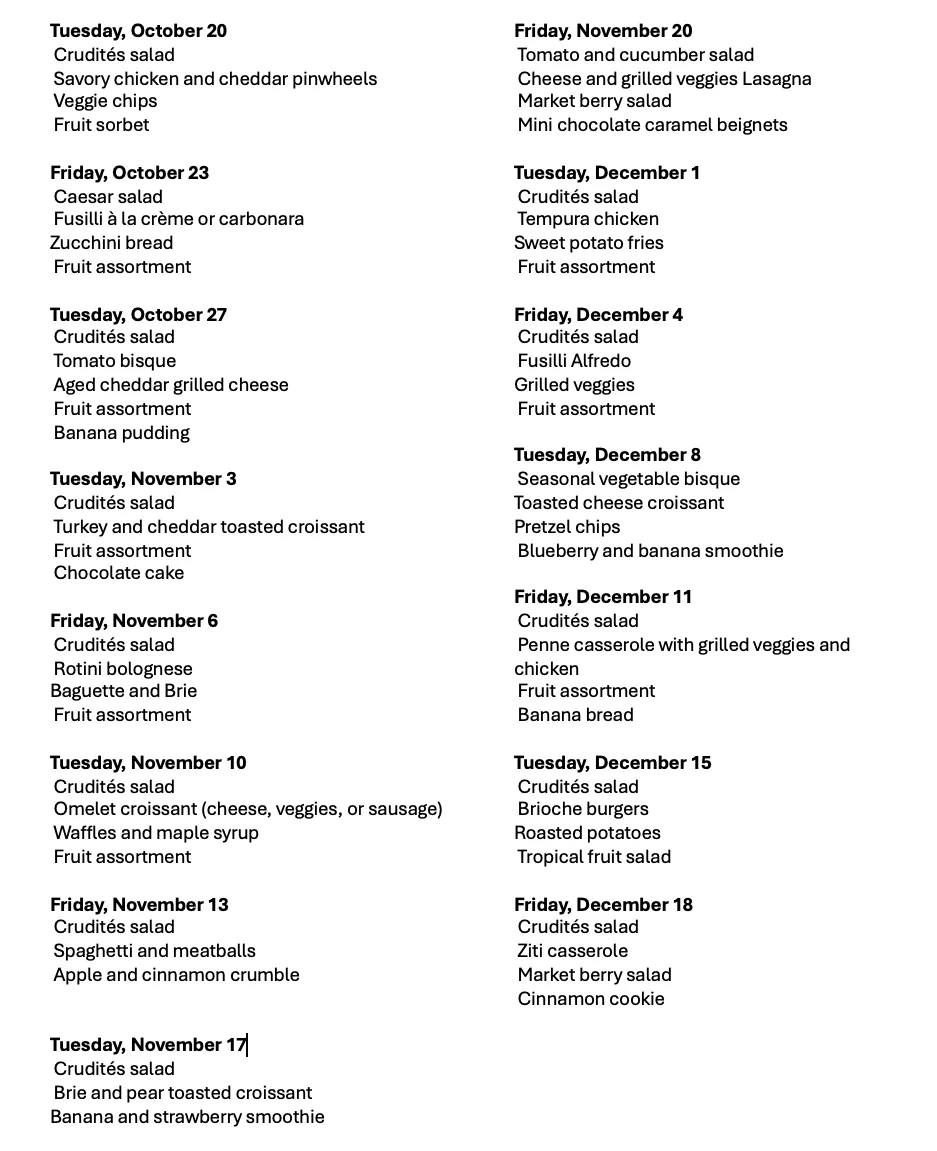 Catering meal schedule listing salads, pastas, sandwiches, desserts, and seasonal menu items