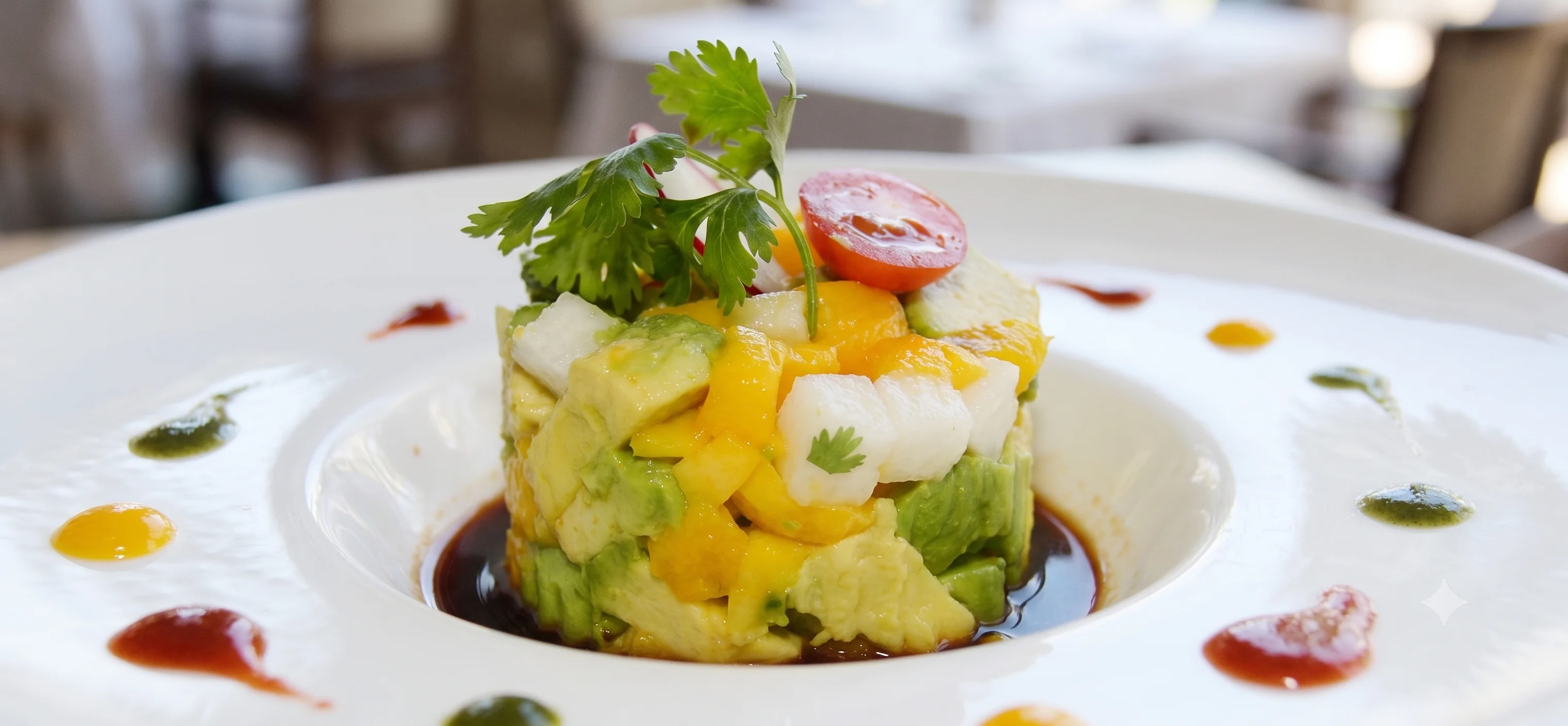 Colorful Mexican ceviche with avocado and mango