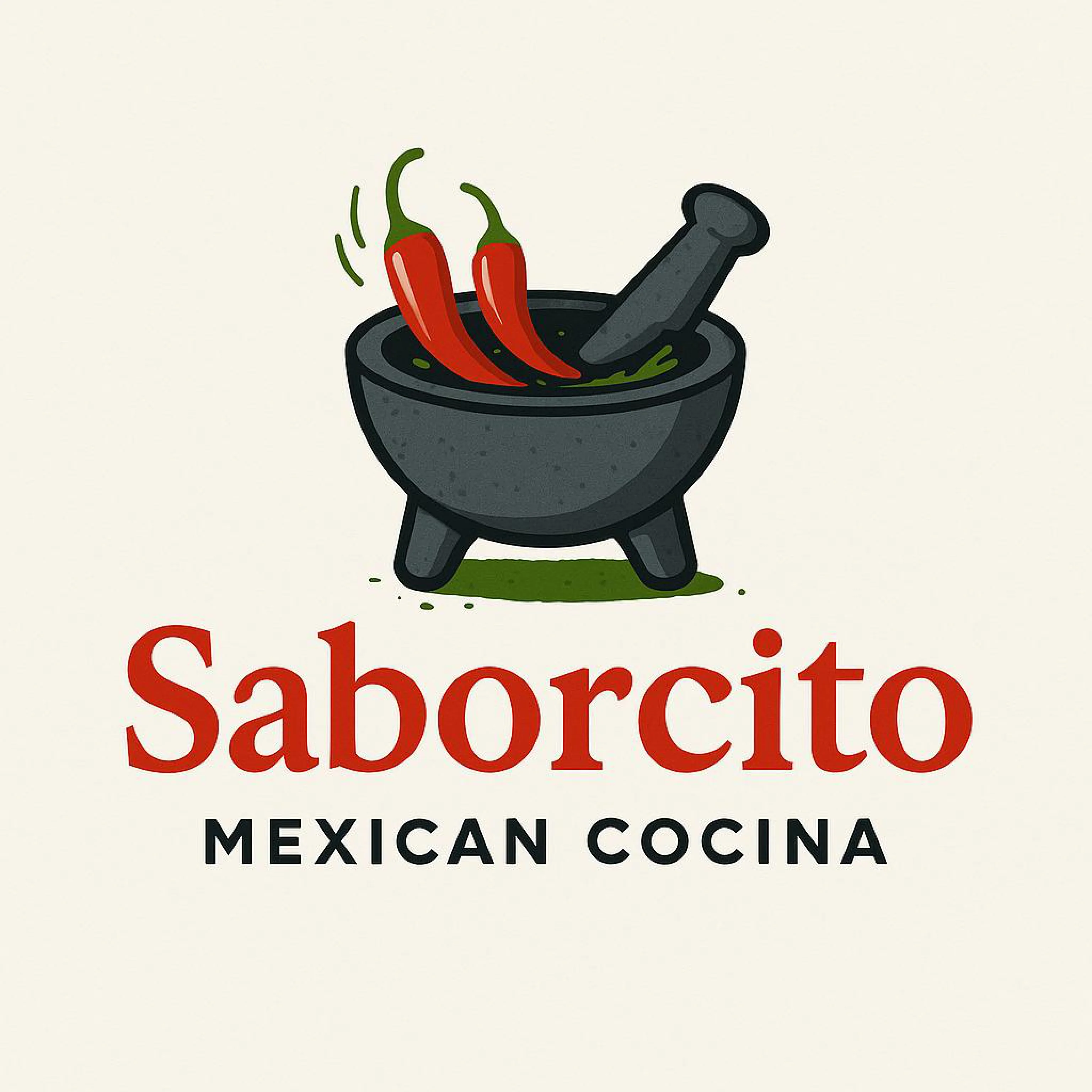 A stylized logo featuring a mortar and pestle with red chili peppers and the text 'Saborcito Mexican Cocina'.