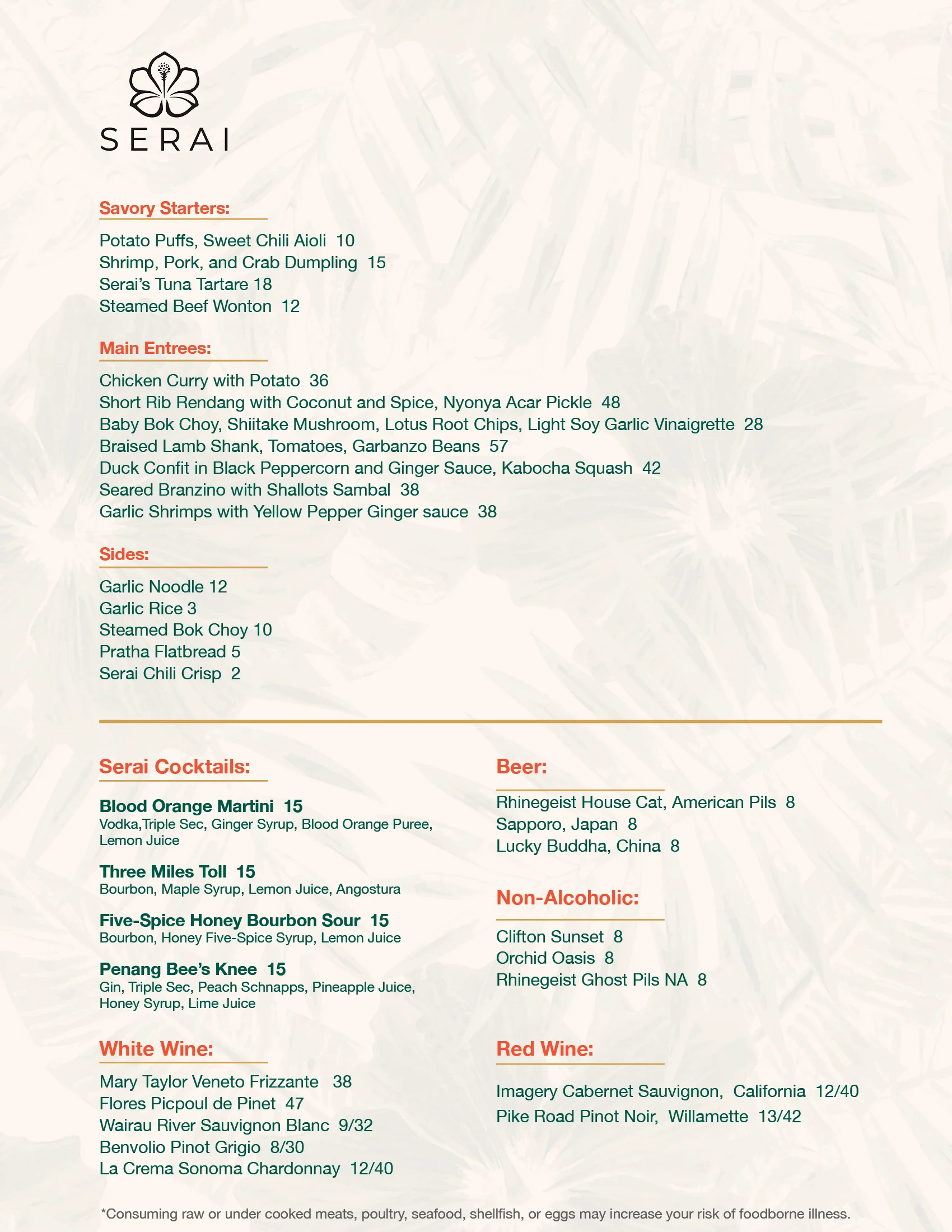 Menu showcasing diverse Asian dishes and cocktails at Serai restaurant