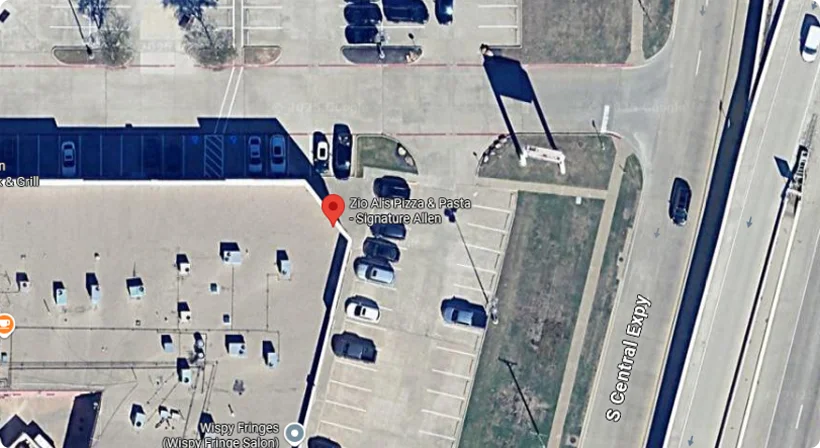 Aerial view of Zio Al's Pizza & Pasta restaurant location in Allen, Texas