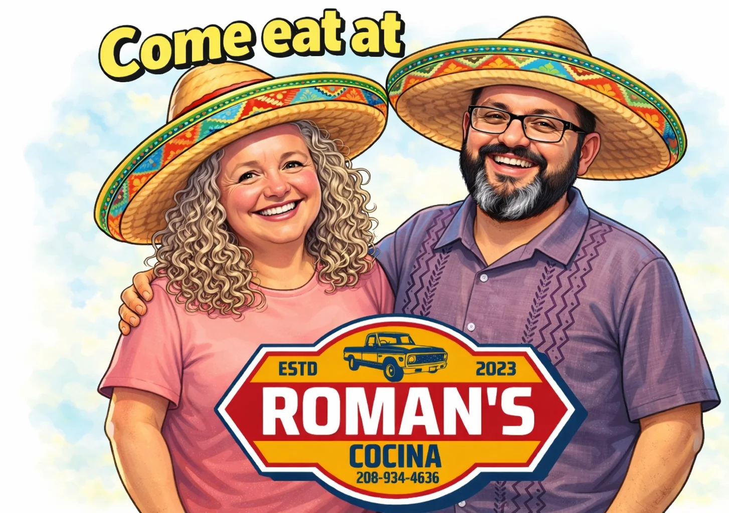 A colorful illustration featuring a man and a woman wearing sombreros, smiling exuberantly. They stand together next to a sign for a restaurant named 'Roman's Cocina.'