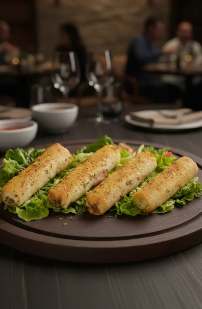 A serving of cheese rolls arranged on a wooden platter, placed on a bed of fresh lettuce.