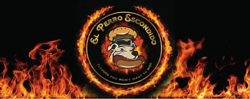 Logo of El Perro Escondido with fiery background