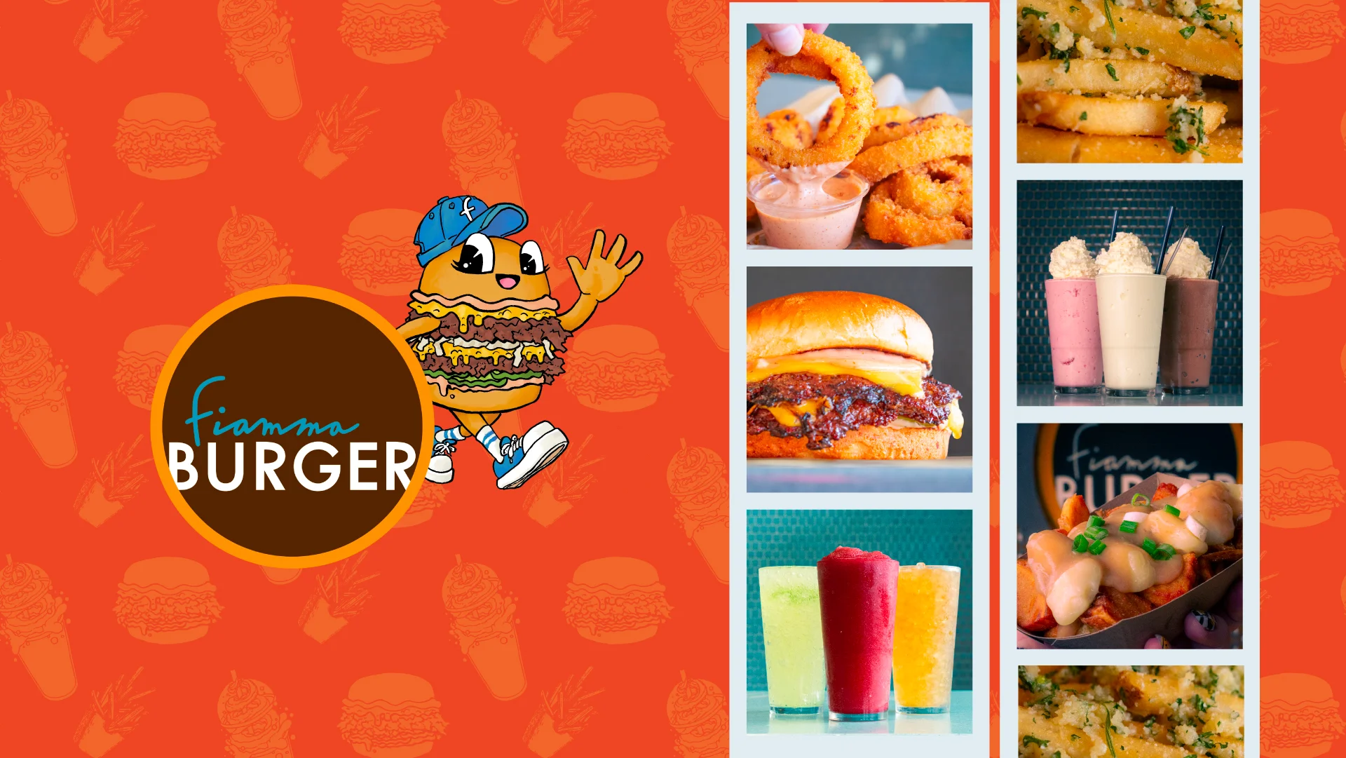 Colorful burger joint display with burgers and milkshakes