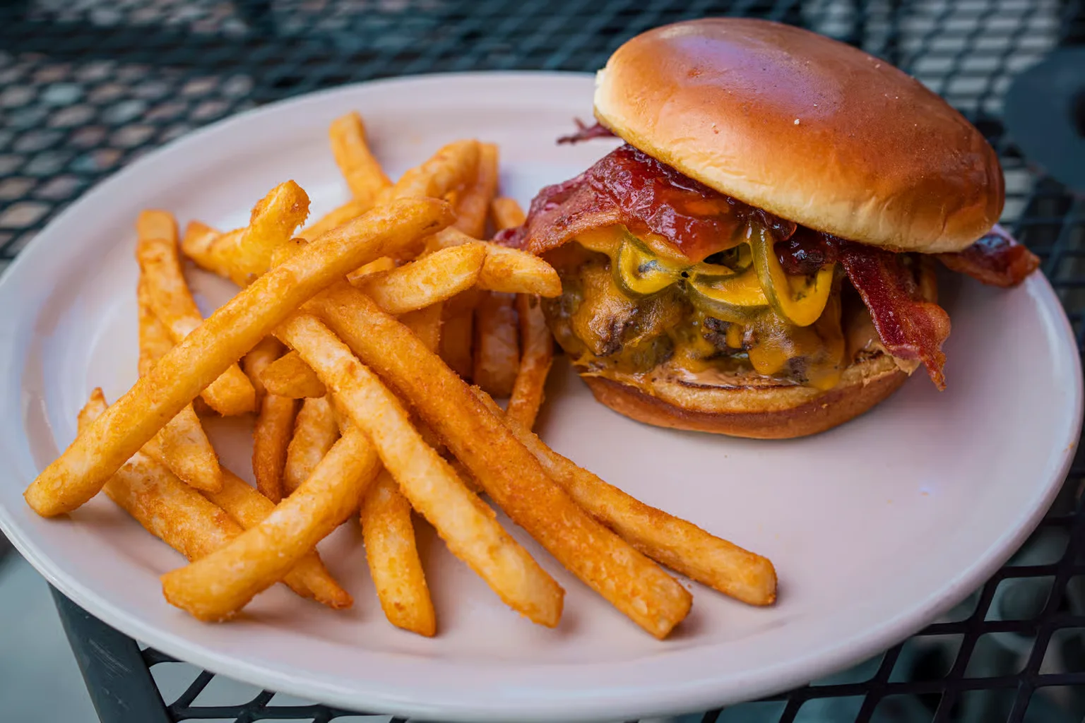 A BBQ hamburger and french fries