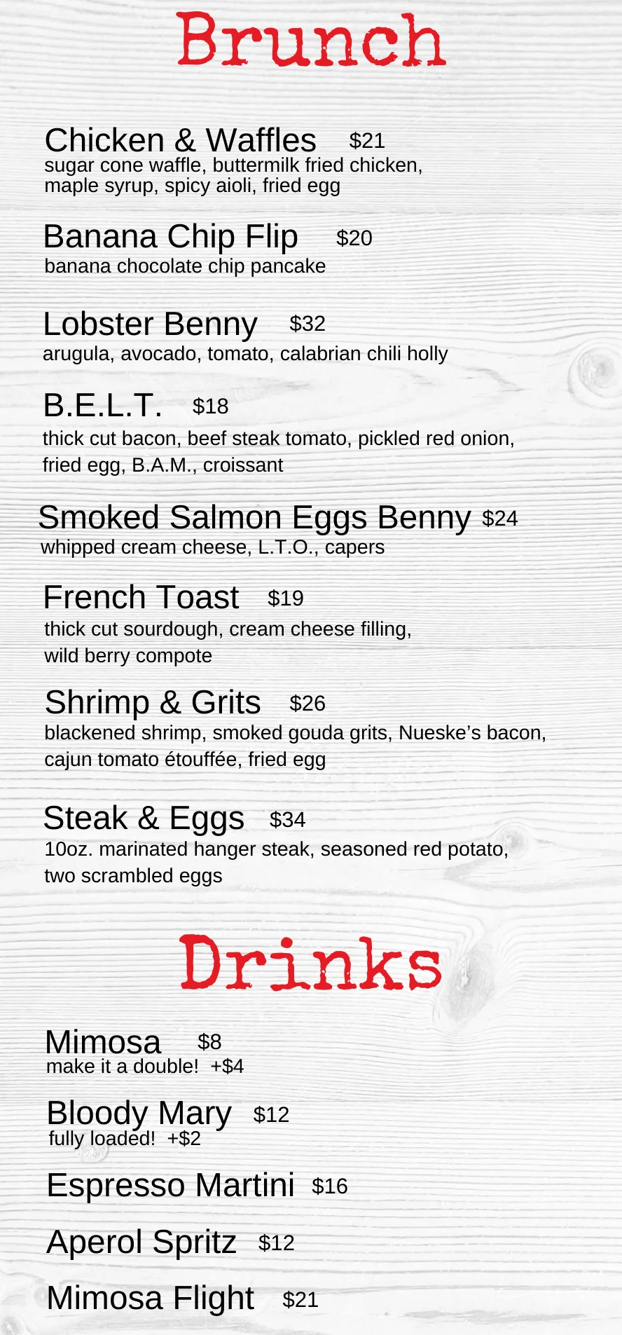 Brunch menu featuring Southern and American dishes