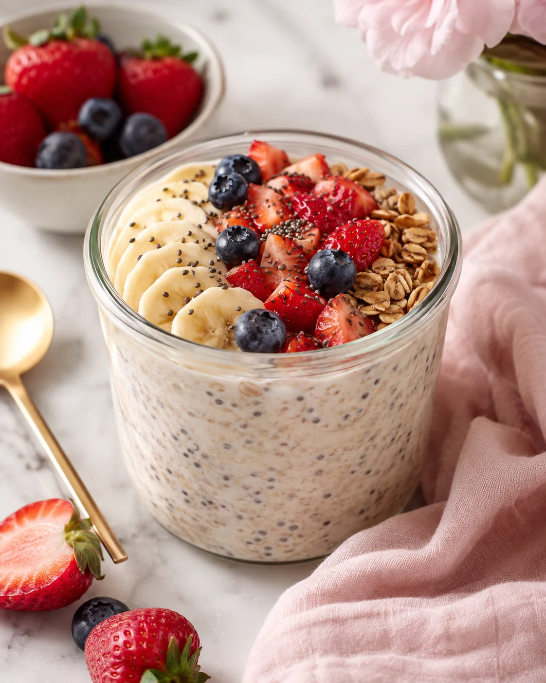 Overnight oats topped with fresh berries and banana