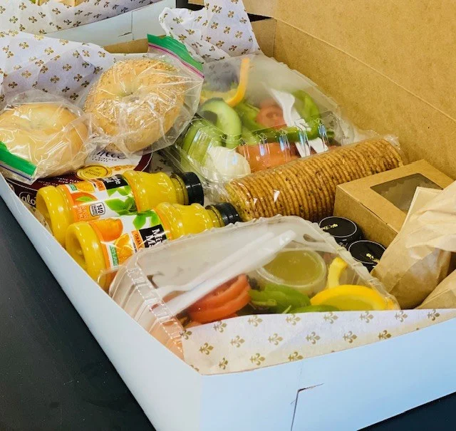 Boxed catering lunch with sandwiches, salad and drinks from The Kosher Pastry Oven