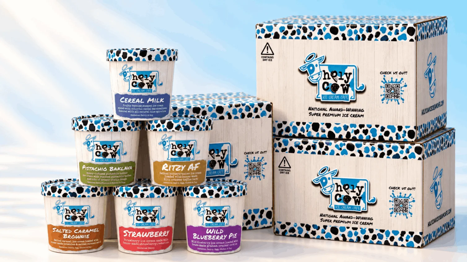 Artisanal ice cream tubs and branded packaging in a colorful product display