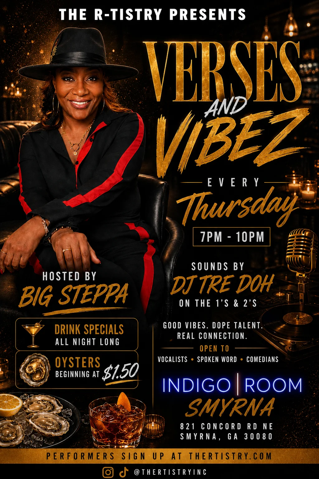 Promotional poster for open mic night at Indigo Room