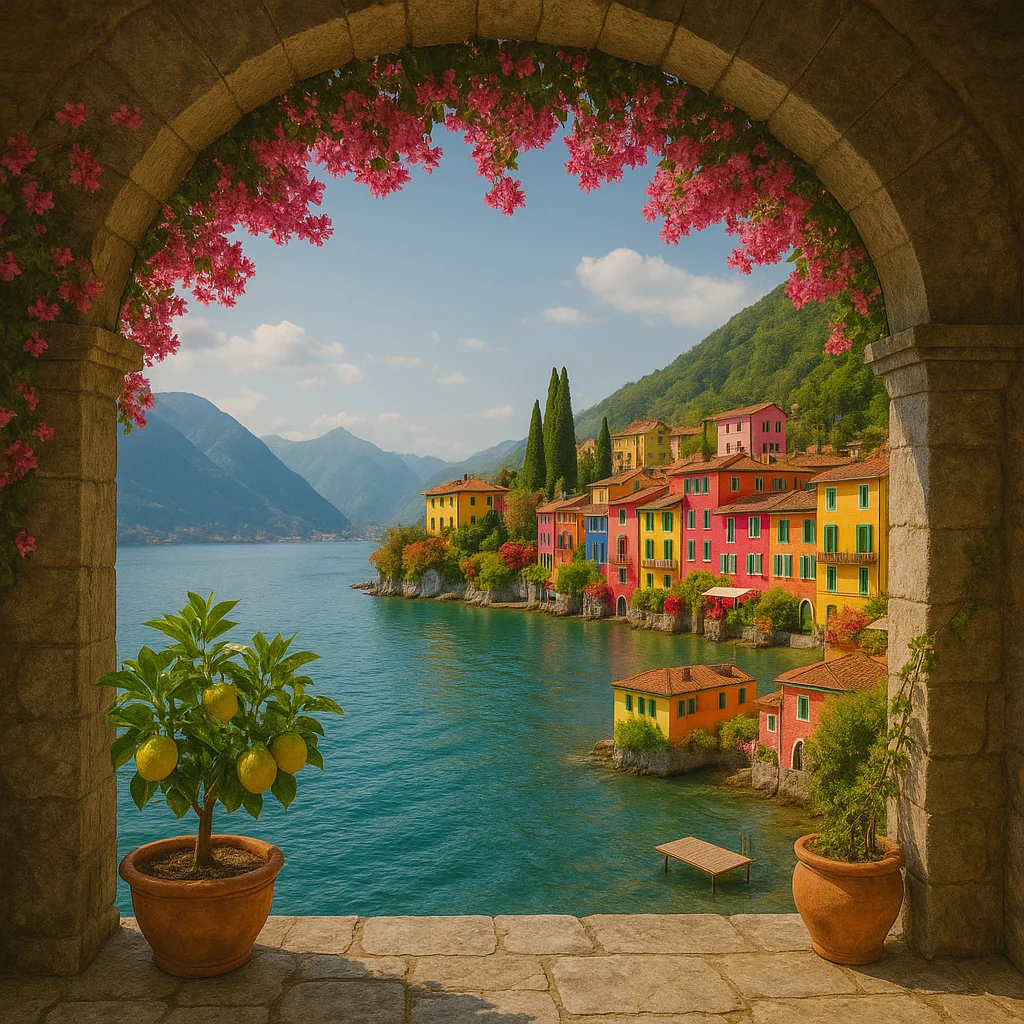 Scenic view of colorful lakeside village framed by flowers