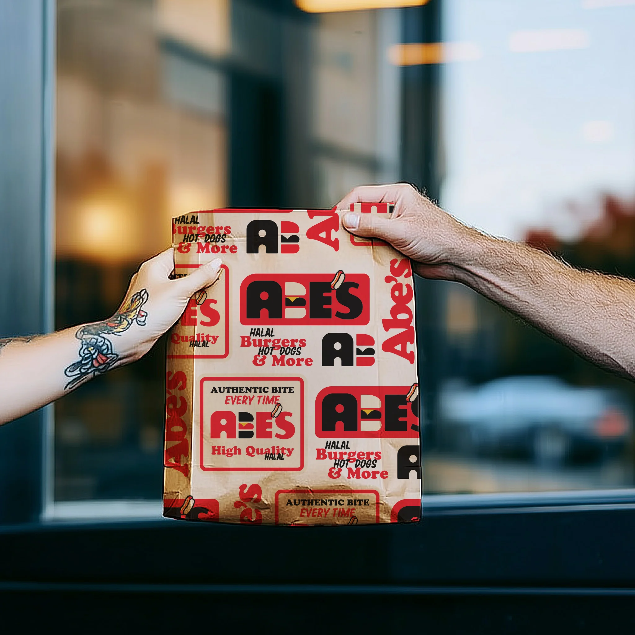 Takeout bag from Abe's Halal Burgers and Hot Dogs
