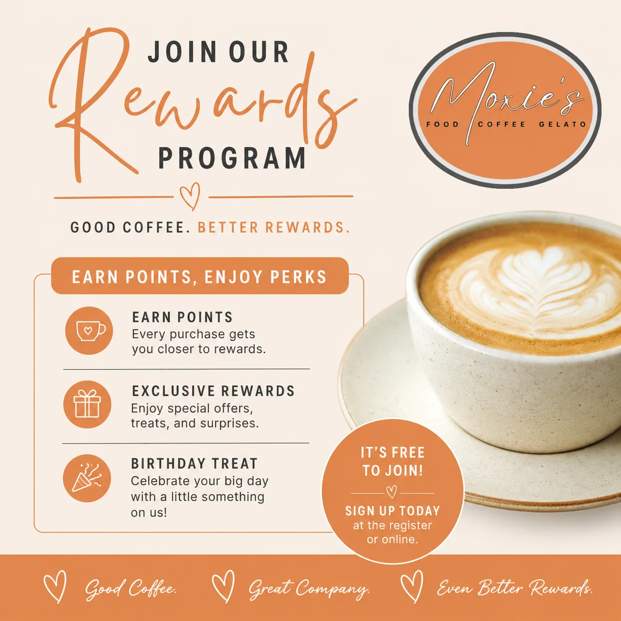 Moxie's Rewards Program promotional flyer with coffee art.
