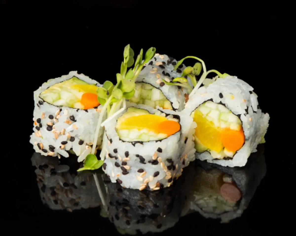 Japanese sushi rolls with shrimp and spicy sauce