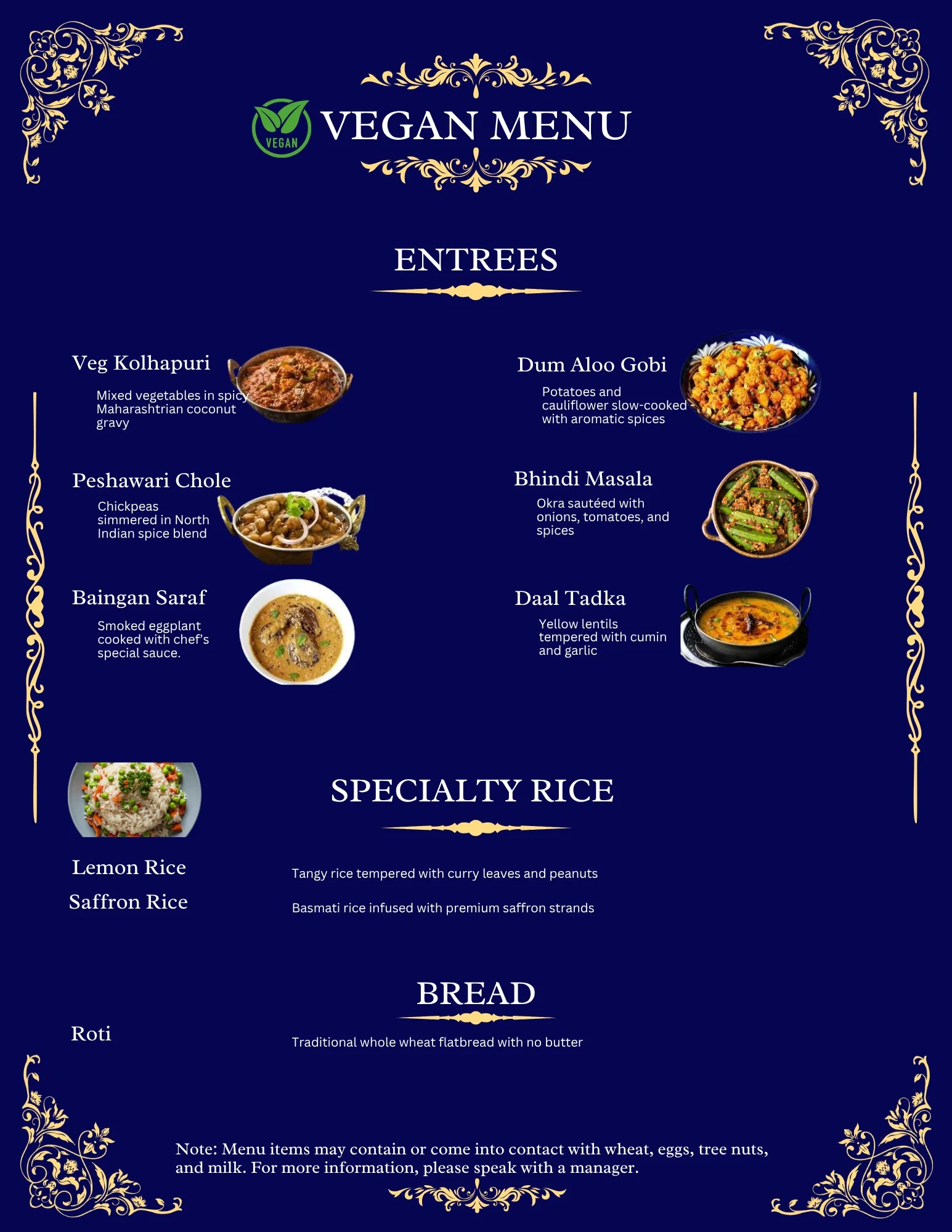 Saffron Darbar vegan Indian menu, Sandy Springs GA: vegan curries, chole, daal, lemon rice, saffron rice and roti