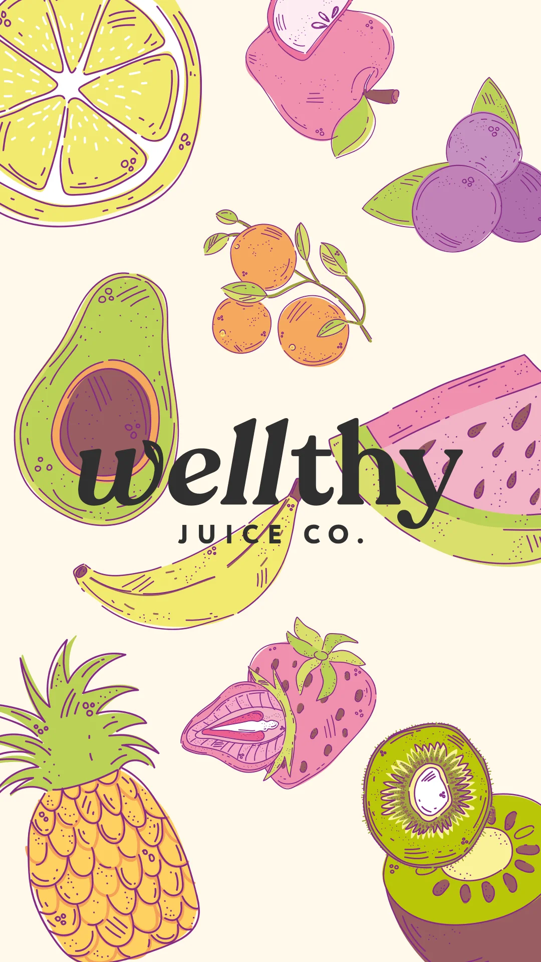 Colorful arrangement of playful fruits on a vibrant background.