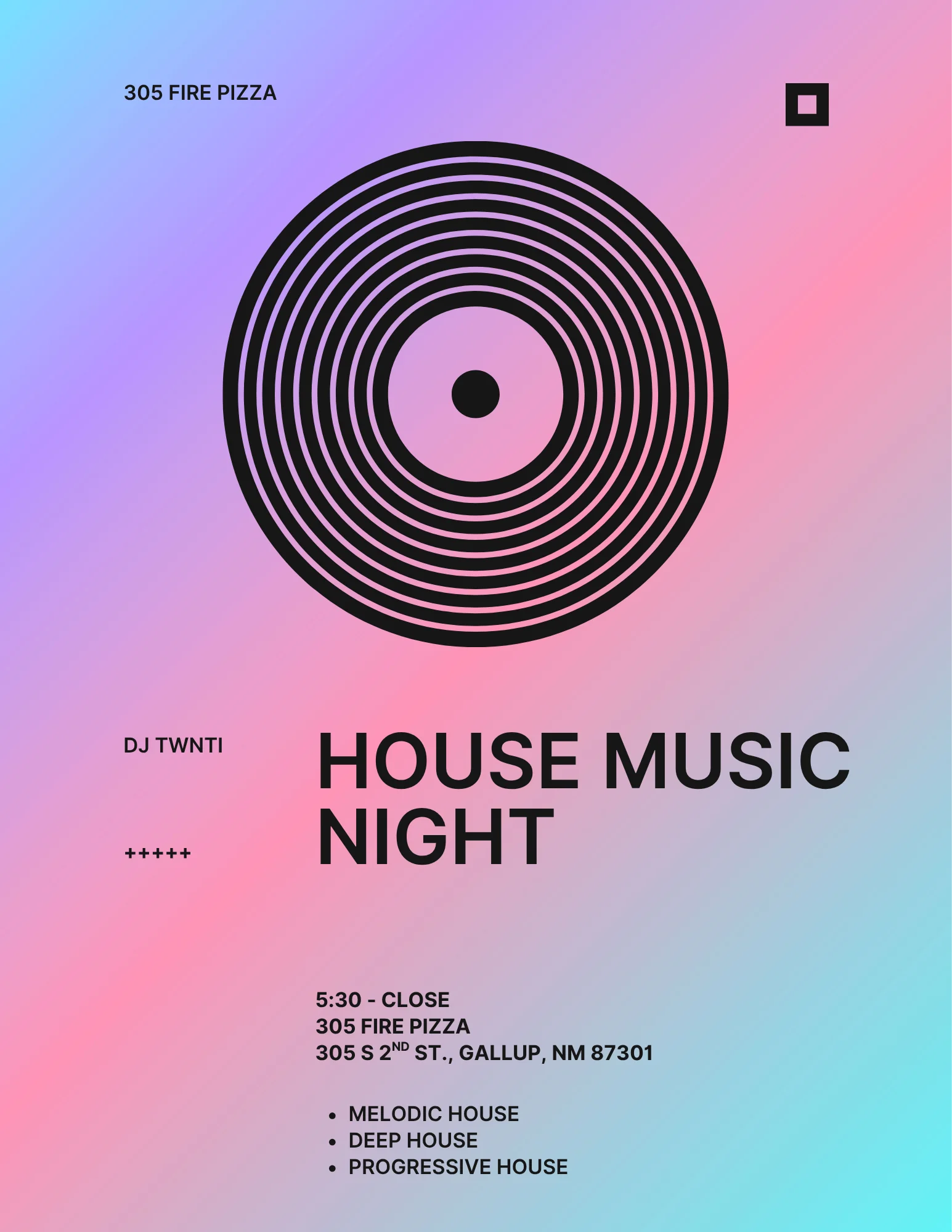 Live music event poster with guitarist performing at a restaurant