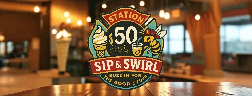 A similar colorful logo design for 'Station 50 Sip & Swirl', featuring playful elements like a bee and ice cream in a café setting.