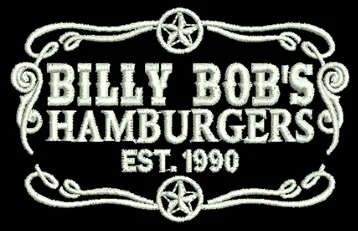 An embroidered logo for a hamburger restaurant with decorative elements and the establishment year.