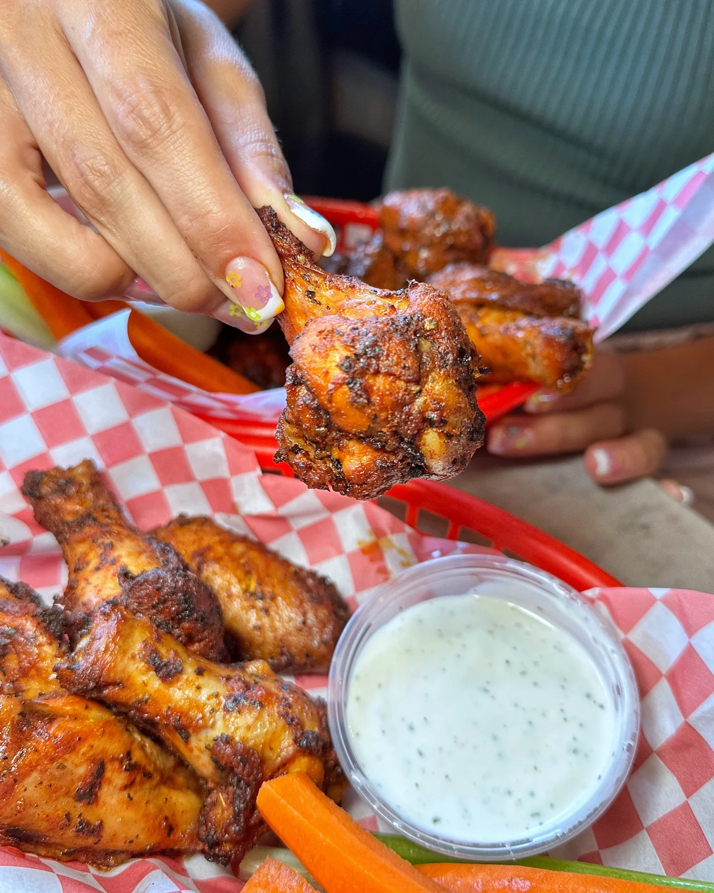 House-marinated baked wings with ranch and carrots at Stadium Pepz Anaheim