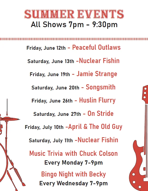 Summer events schedule with live music and trivia nights
