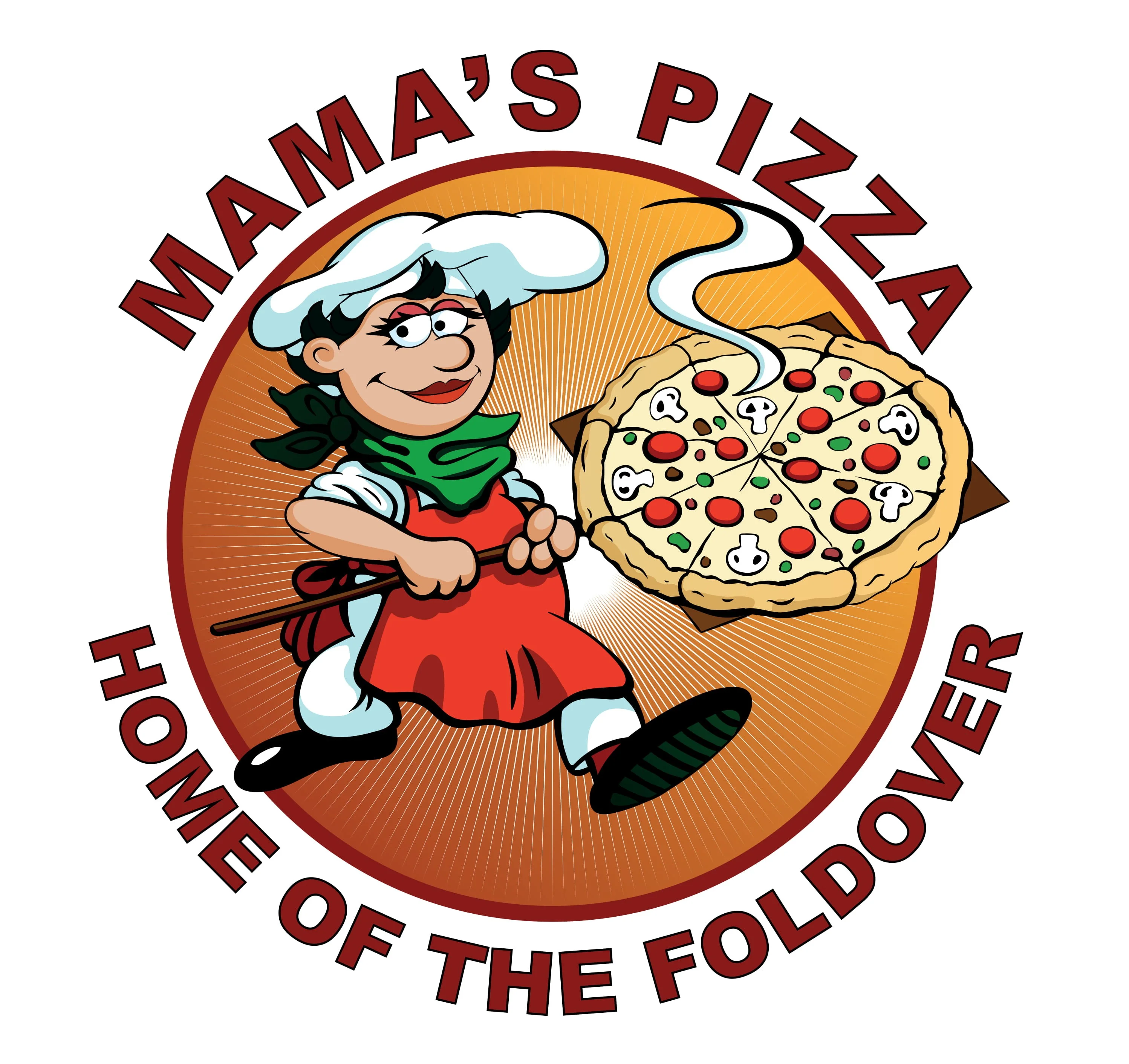 Cartoon chef with pizza, representing Mama's Pizza restaurant
