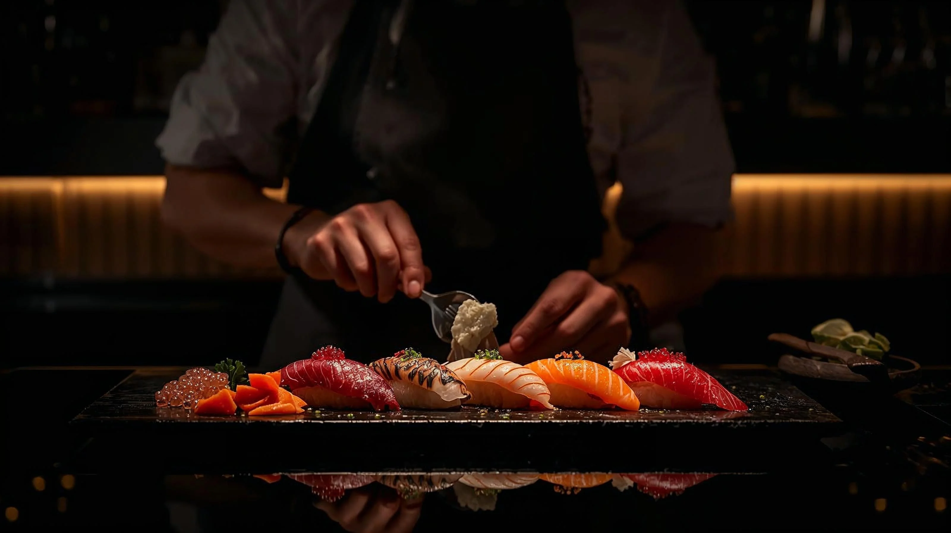 Chef at Noir Sushi & Saki in San Diego’s Gaslamp Quarter preparing artisanal sushi with fresh salmon, tuna, and nigiri, showcasing Japanese fusion fine dining.