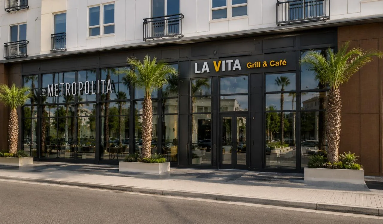Exterior view of La Vita Grill & Café with modern architecture
