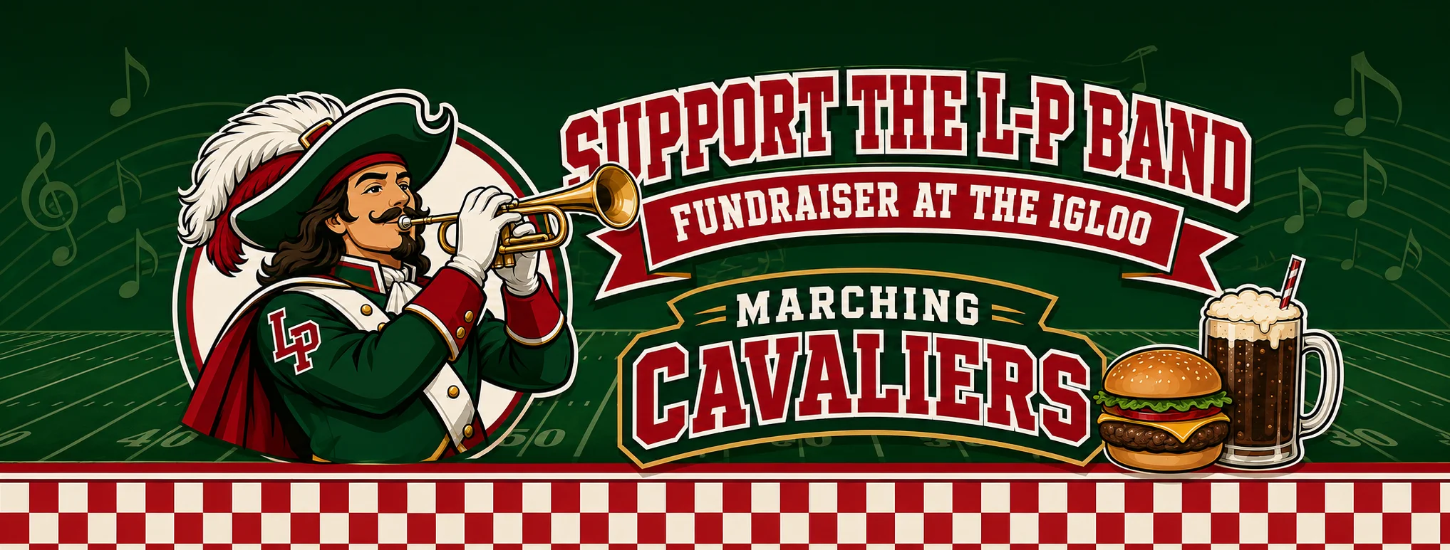 Fundraiser event banner featuring a musician and food items