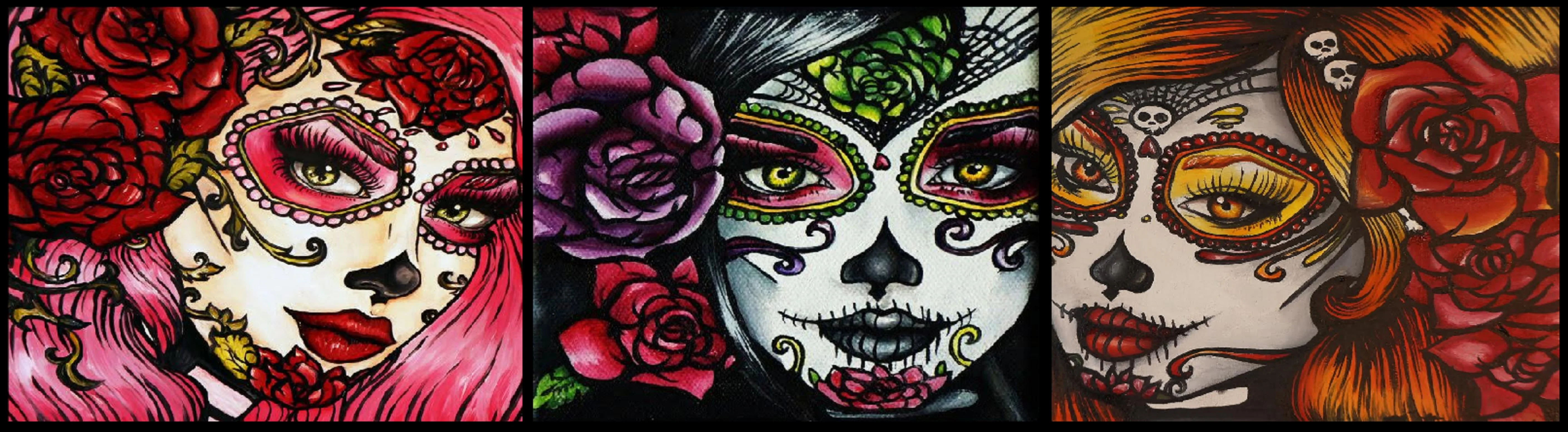 Colorful sugar skull art with roses and intricate designs