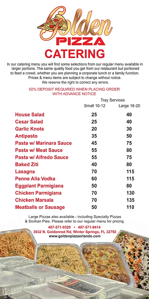Catering menu for Italian dishes including pasta and salads