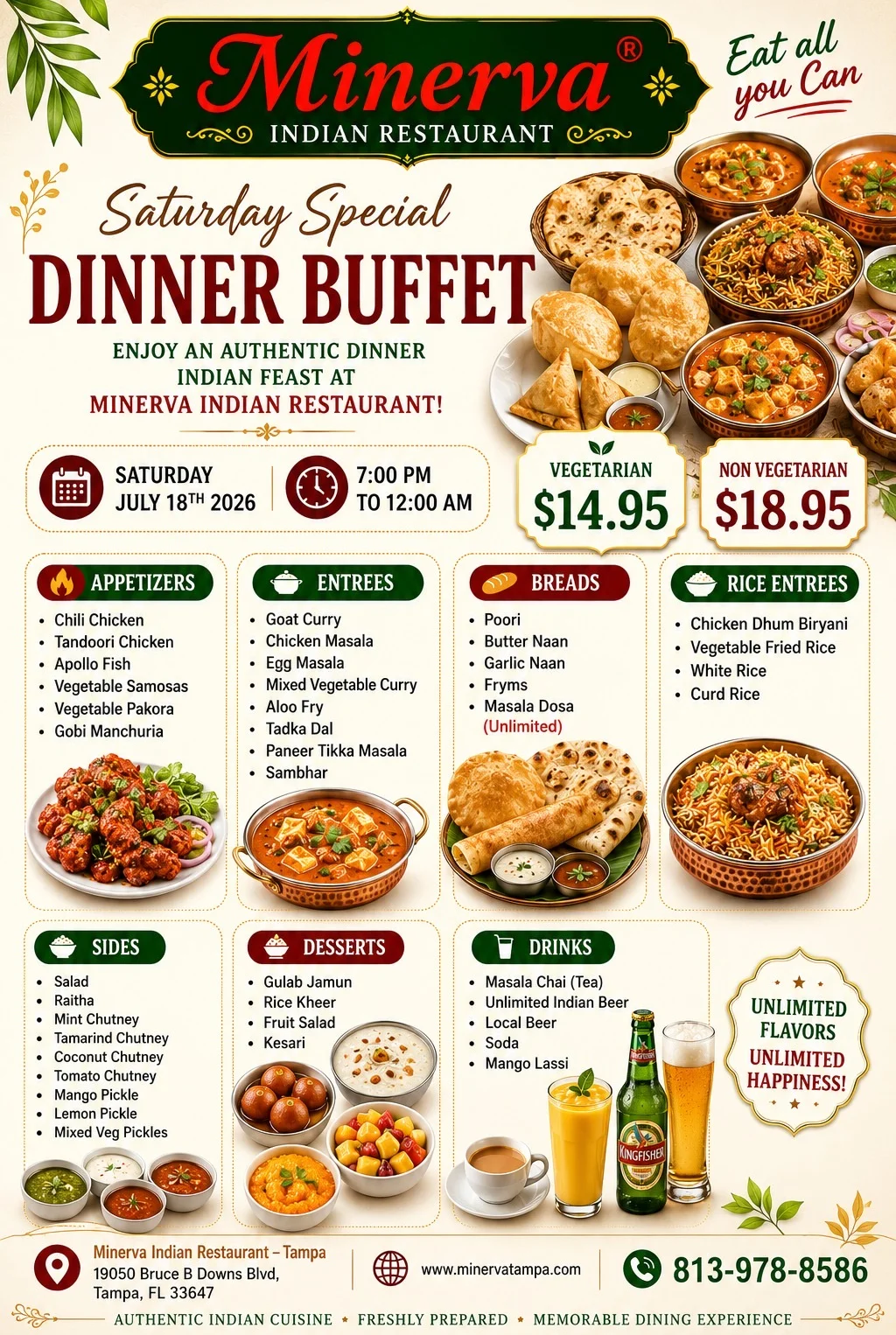 Authentic Indian dinner buffet featuring Chicken Dum Biryani and Goat Rogan Josh