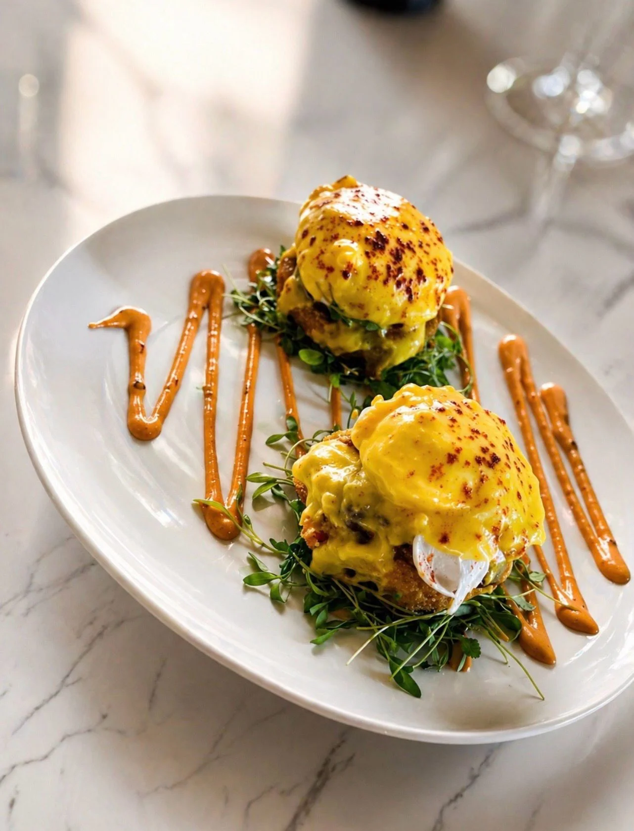Eggs Benedict with hollandaise sauce on microgreens