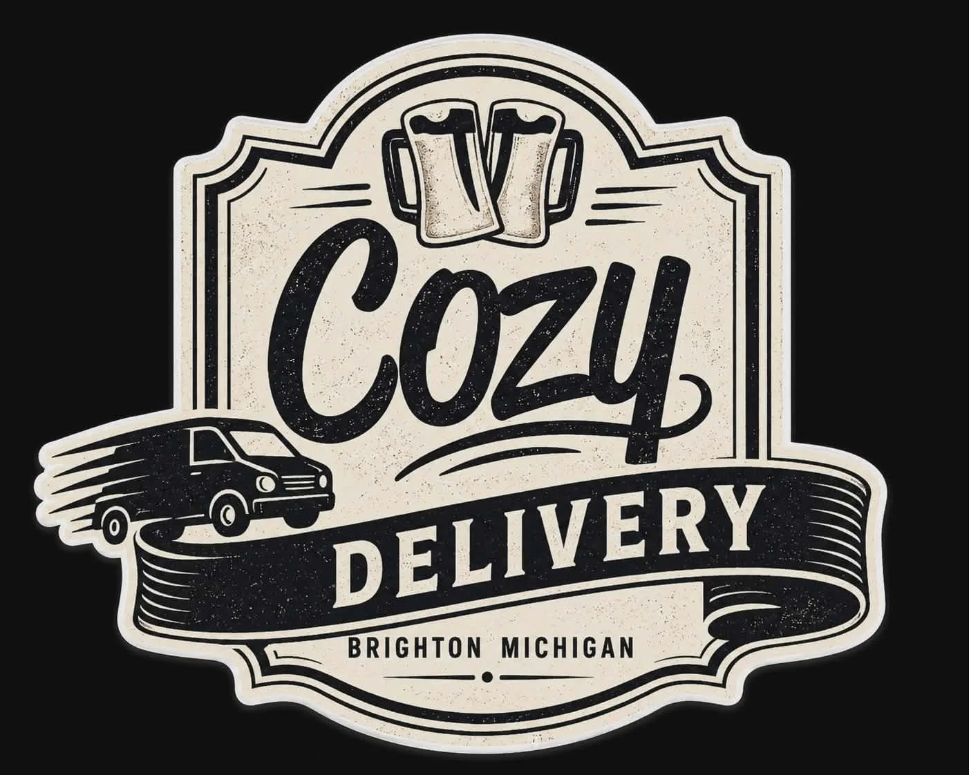 Cozy Delivery logo featuring a van and beer mugs, Brighton, Michigan