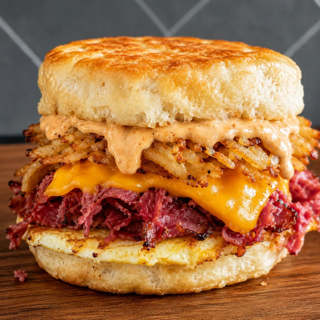 Hearty breakfast sandwich with pastrami on a biscuit
