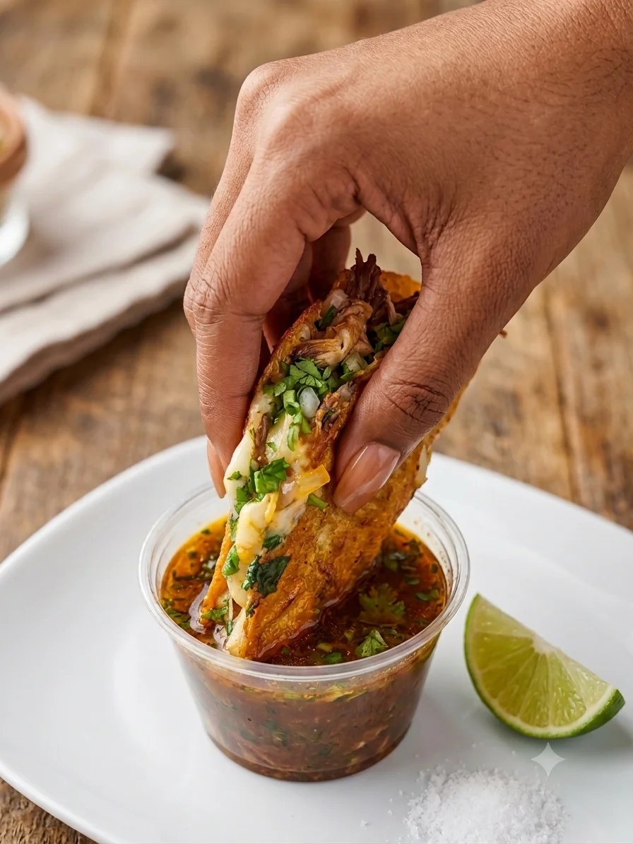 A hand holding a crispy taco filled with meat and cilantro, being dipped into a savory sauce. A lime wedge and salt are nearby.