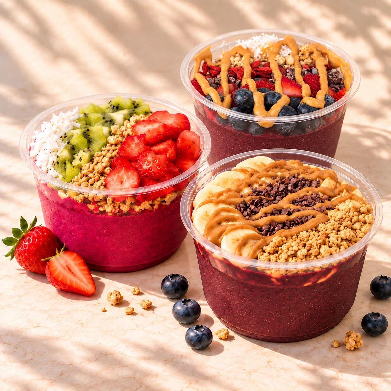 Colorful acai bowl topped with fresh fruits and granola