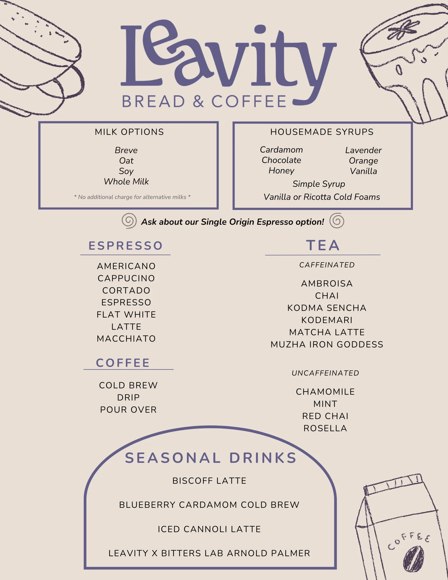 Coffee menu featuring various espresso and tea options