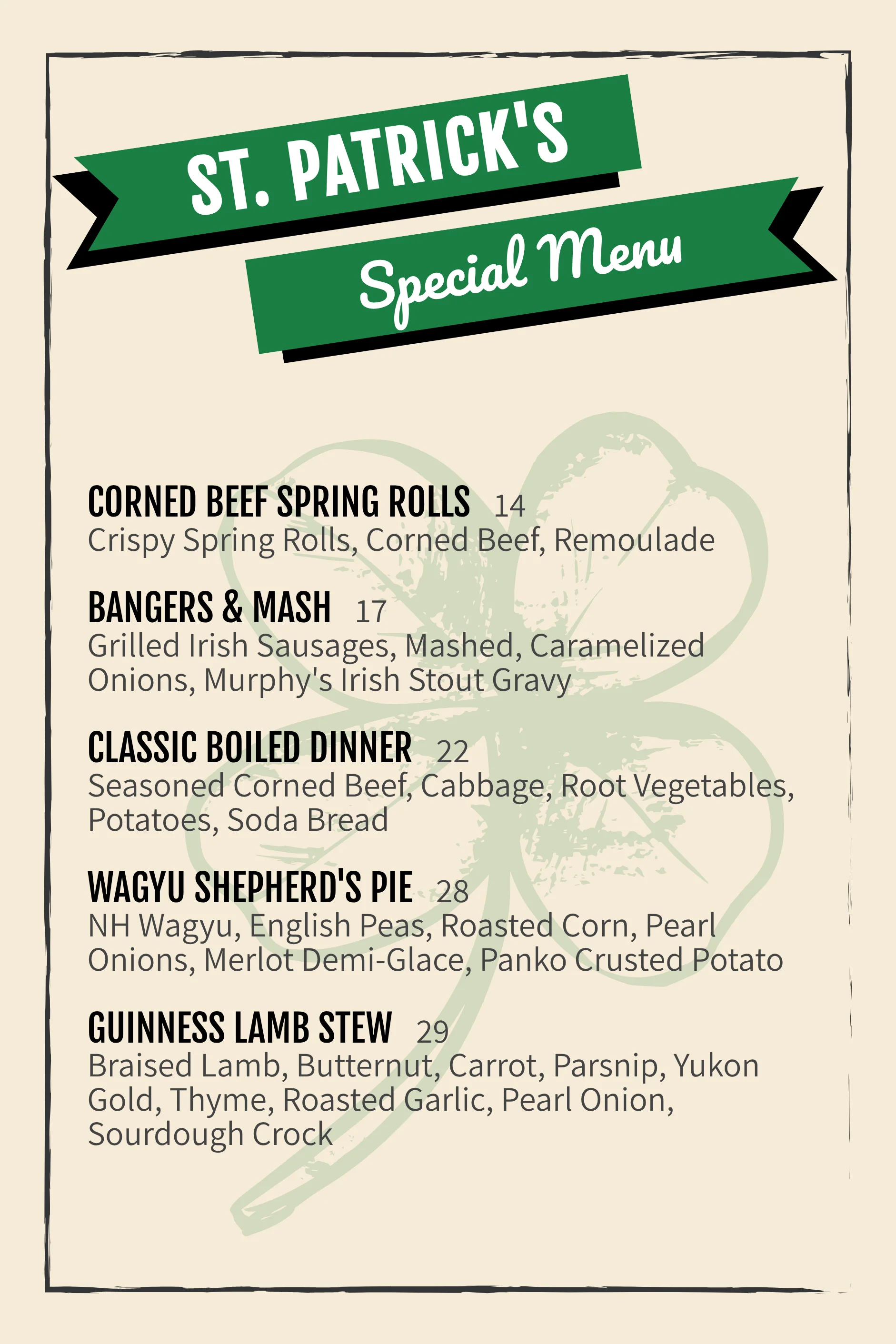 St. Patrick's Day table tent featuring festive food and drink specials.