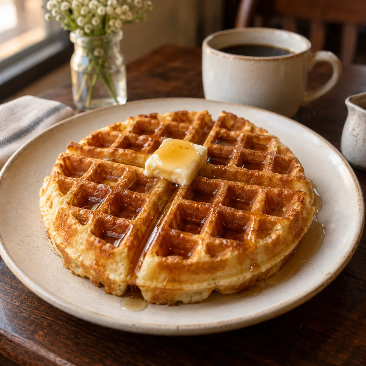 Belgian waffle with butter and syrup, with a cup of coffee