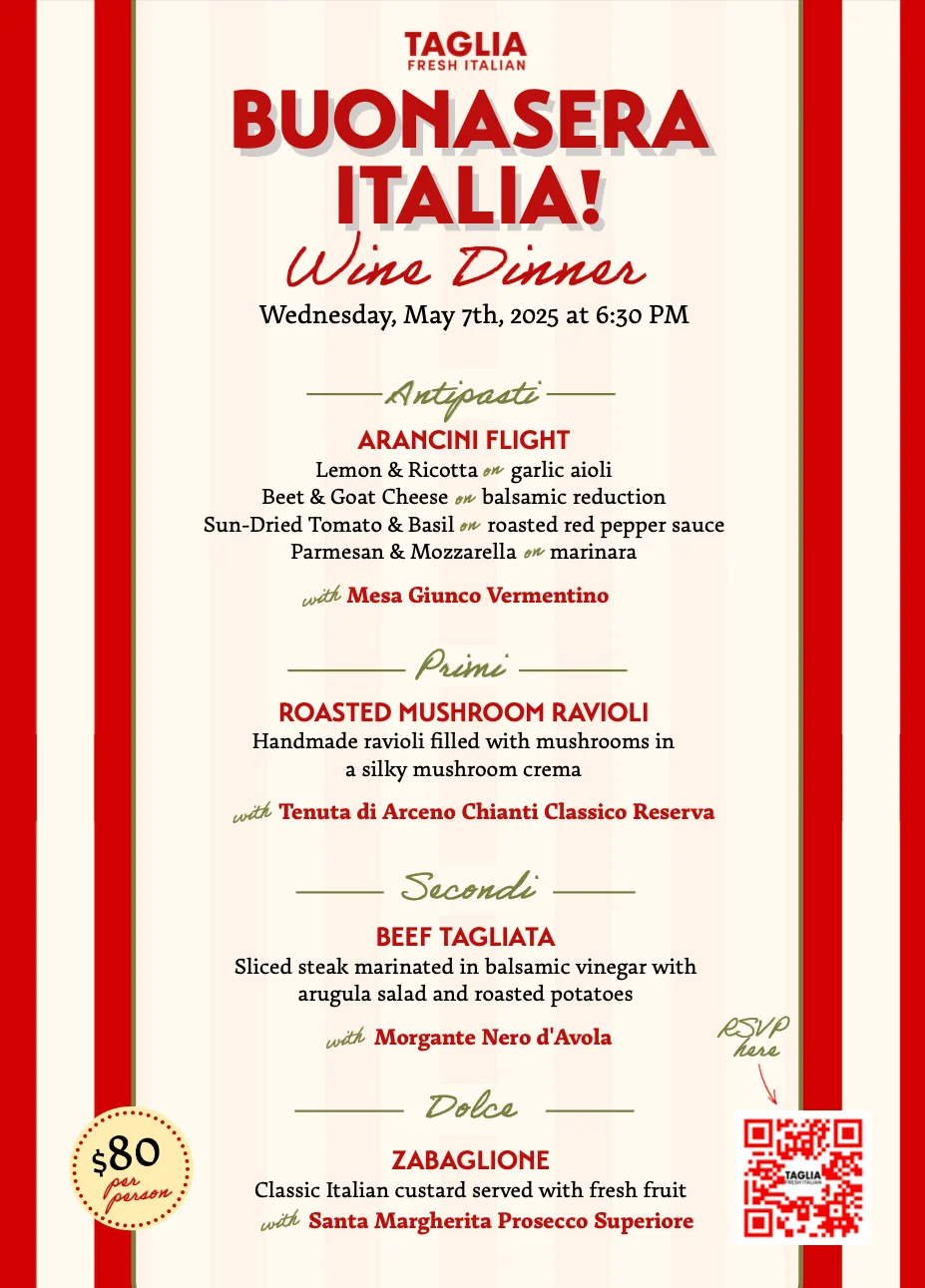 Italian wine dinner menu featuring arancini, ravioli, and zabaglione