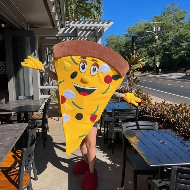 Cheerful pizza mascot welcoming guests outside a restaurant