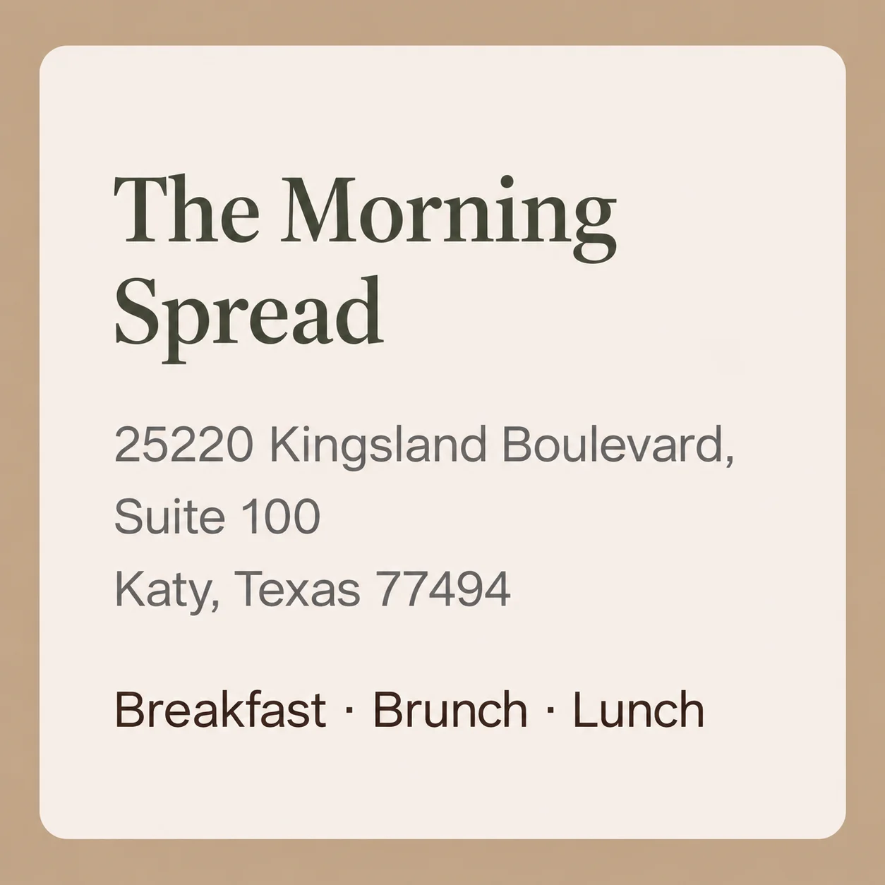 Restaurant signage for The Morning Spread in Katy, Texas