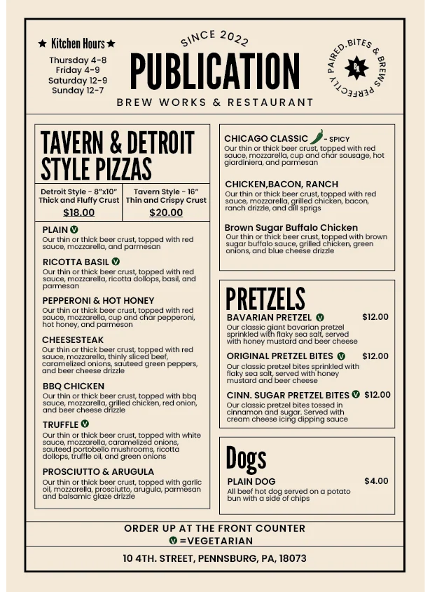 Menu featuring Detroit-style and tavern-style pizzas